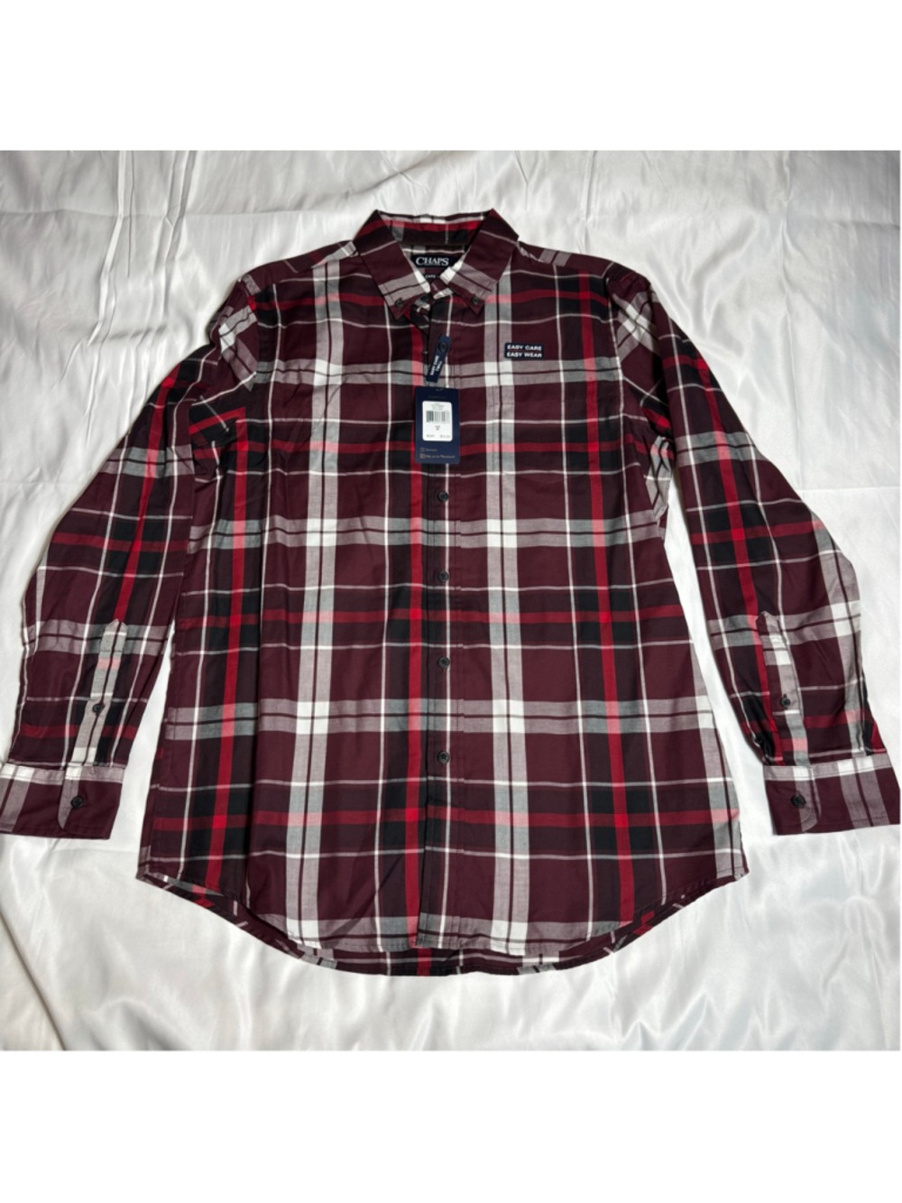 Men's Chaps Casual Button Down Shirt Medium Burgundy Black Plaid